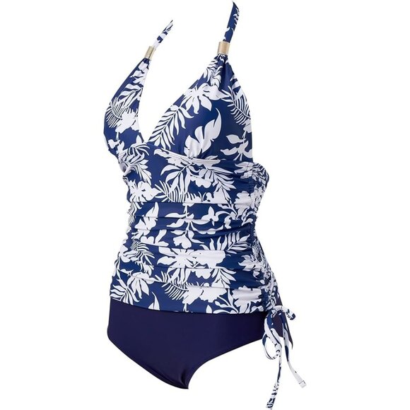 Suukess Gold Metal Sliders Floral Halter High Waisted Swimsuit Size Large - Picture 7 of 13